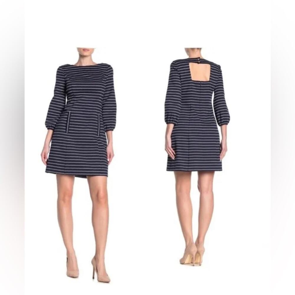 Eliza J Shift Mini Dress Navy Blue Stripe Nautical Sz 6